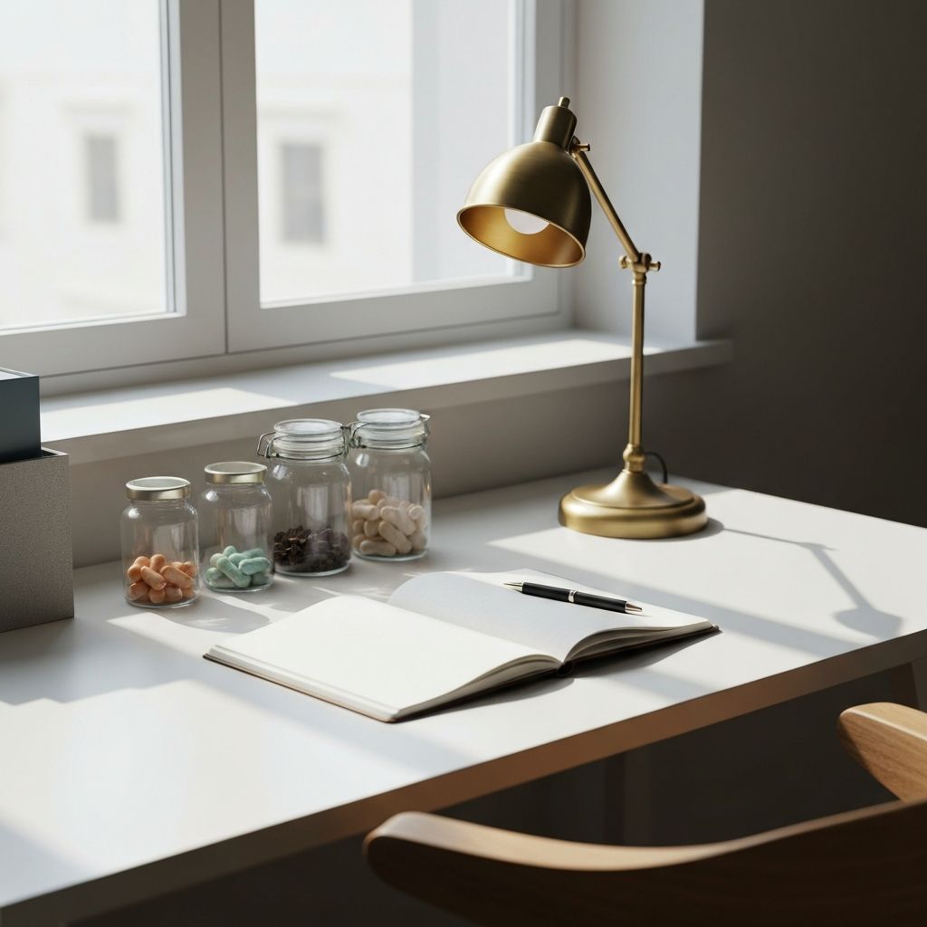 Schreibtisch mit Notizbuch, Stift und Supplementdosen im natürlichen Tageslicht