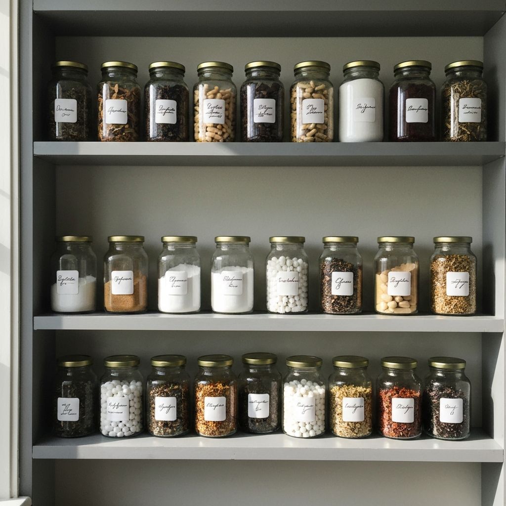 Organisiertes Holzregal mit Glaskrügen voller Vitamine, Minerale, Kapseln und getrockneten Kräutern, saubere Etiketten