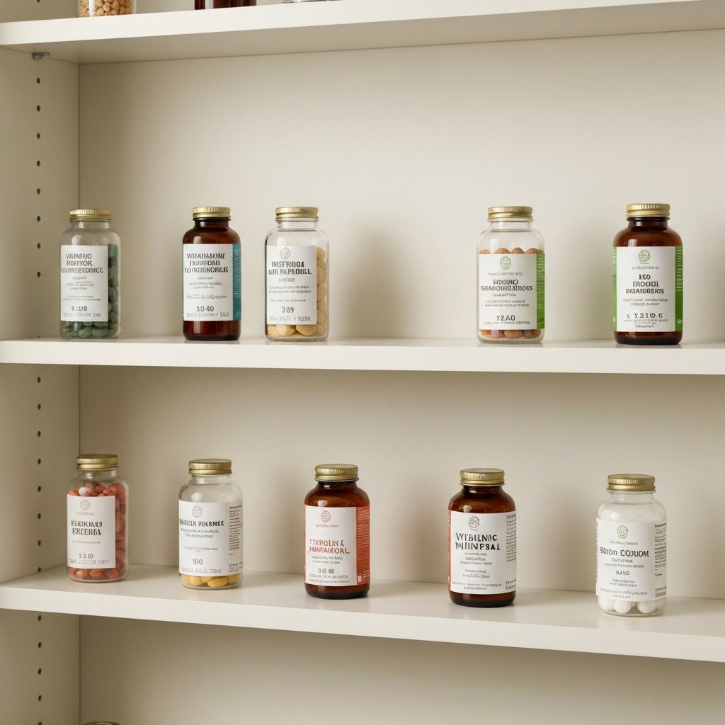 Organisiertes Regal mit Glaskrügen voller Vitamine, Minerale, Omega-Supplements, Probiotika, Kräuterextrakte und funktionale Pulver